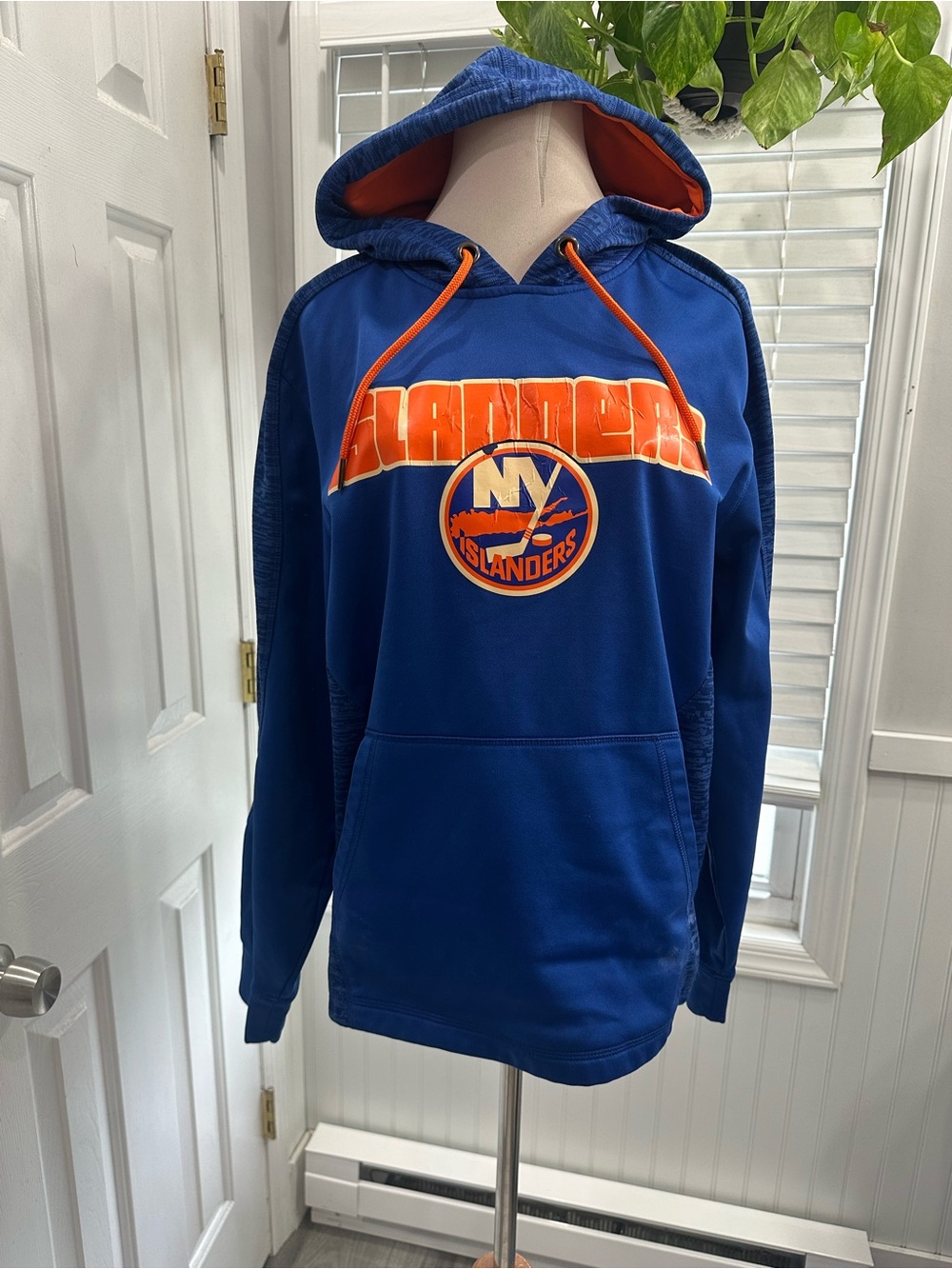 Majestic Men's Royal Blue and Orange Crewneck Hoodie - Islanders Logo